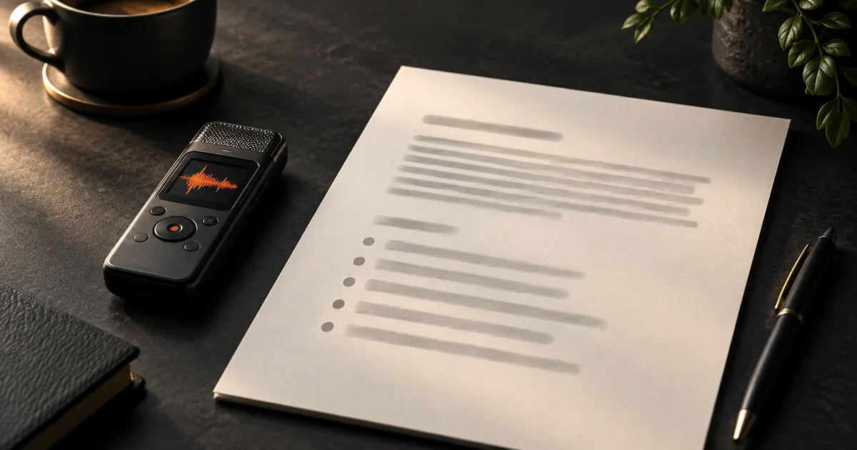 Audio recording being turned into a concise summary with key points on one page