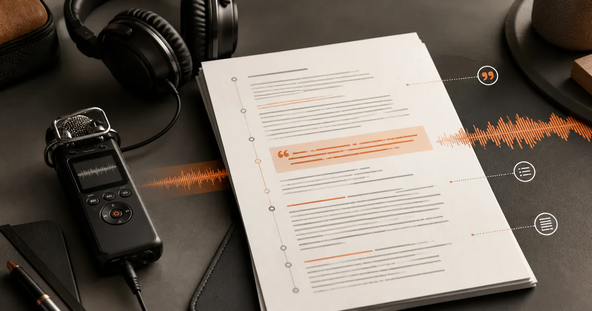 Audio waveform becoming an editable transcript in Whisper AI