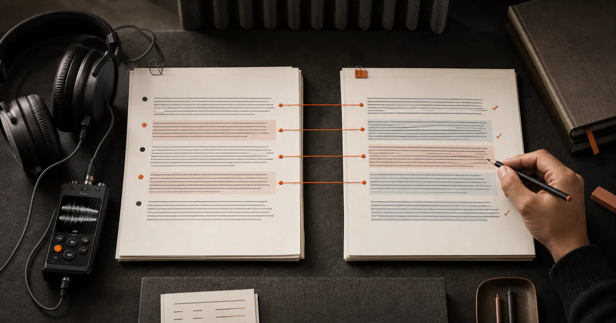 Source audio transcript aligned with translated text ready to copy