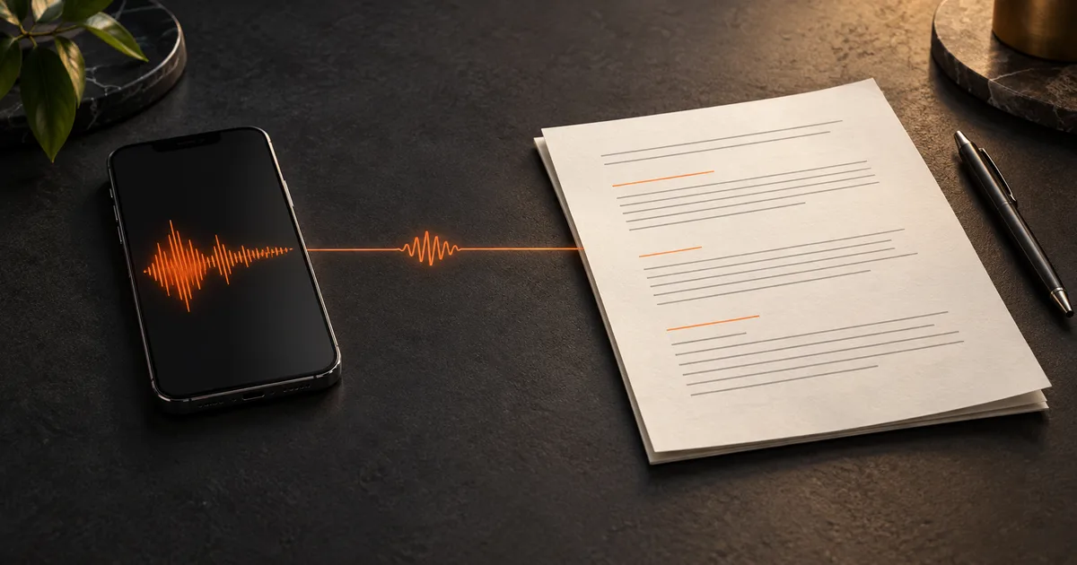An M4A voice recording from a phone becoming an editable text transcript