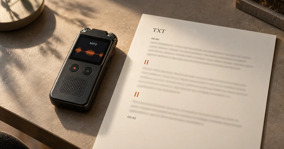 An MP3 narration becoming an edited, timestamped text transcript with a downloadable TXT file