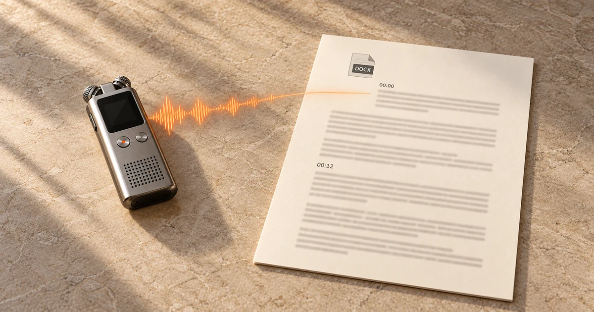An edited voice recording becoming a formatted Word document with paragraphs, timestamps, and a DOCX download