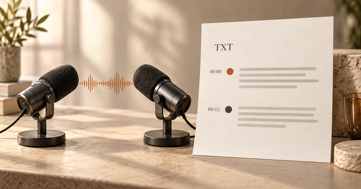 A two-speaker interview recording becoming an editable transcript with renamed speakers, question and answer turns, and timestamps