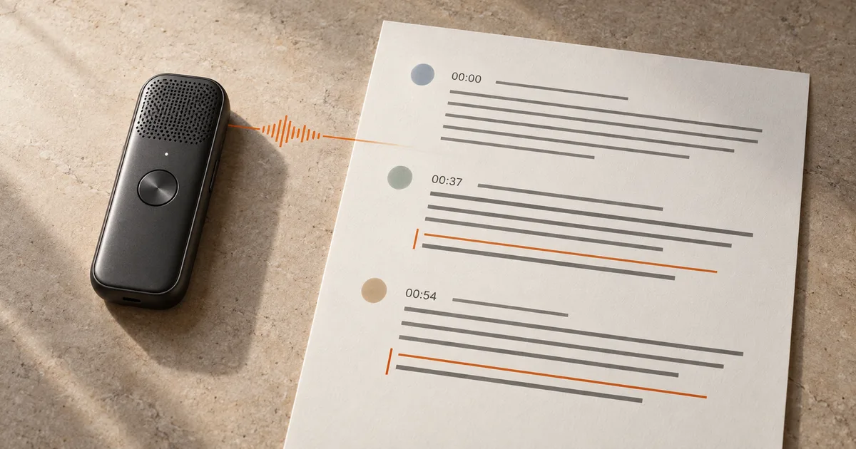 A recorded three-person meeting becoming a speaker-labelled transcript with timestamps on warm paper