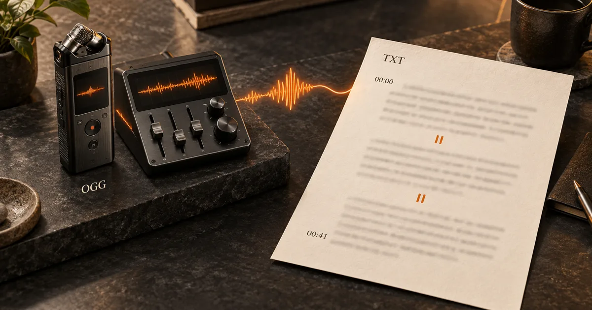 An Ogg Vorbis and Opus voice recording becoming an edited, timestamped text transcript with a downloadable TXT file