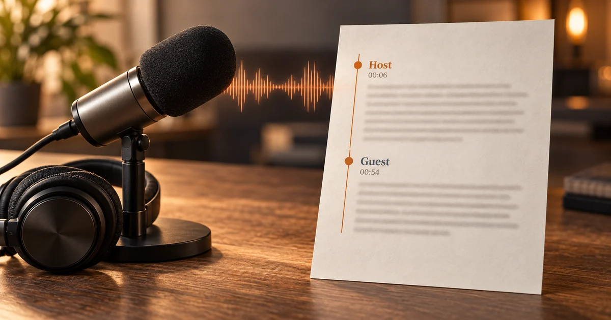 A two-speaker podcast episode becoming an edited transcript with speaker turns and timestamps, ready to download