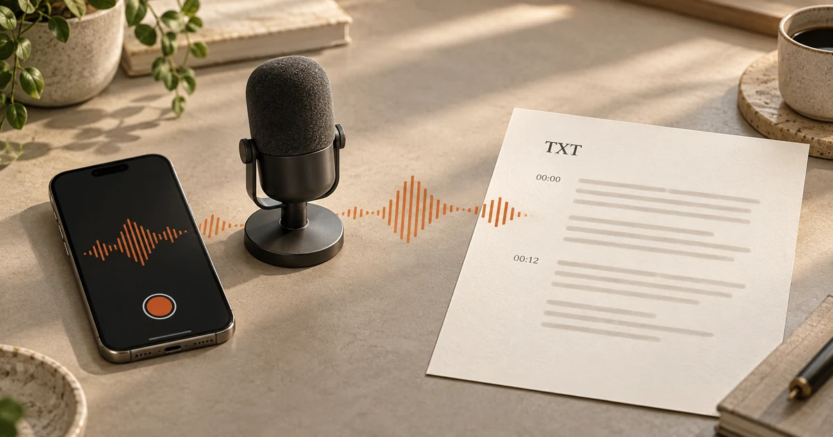 A voice memo and a browser microphone feeding an edited, timestamped text transcript with a downloadable TXT file