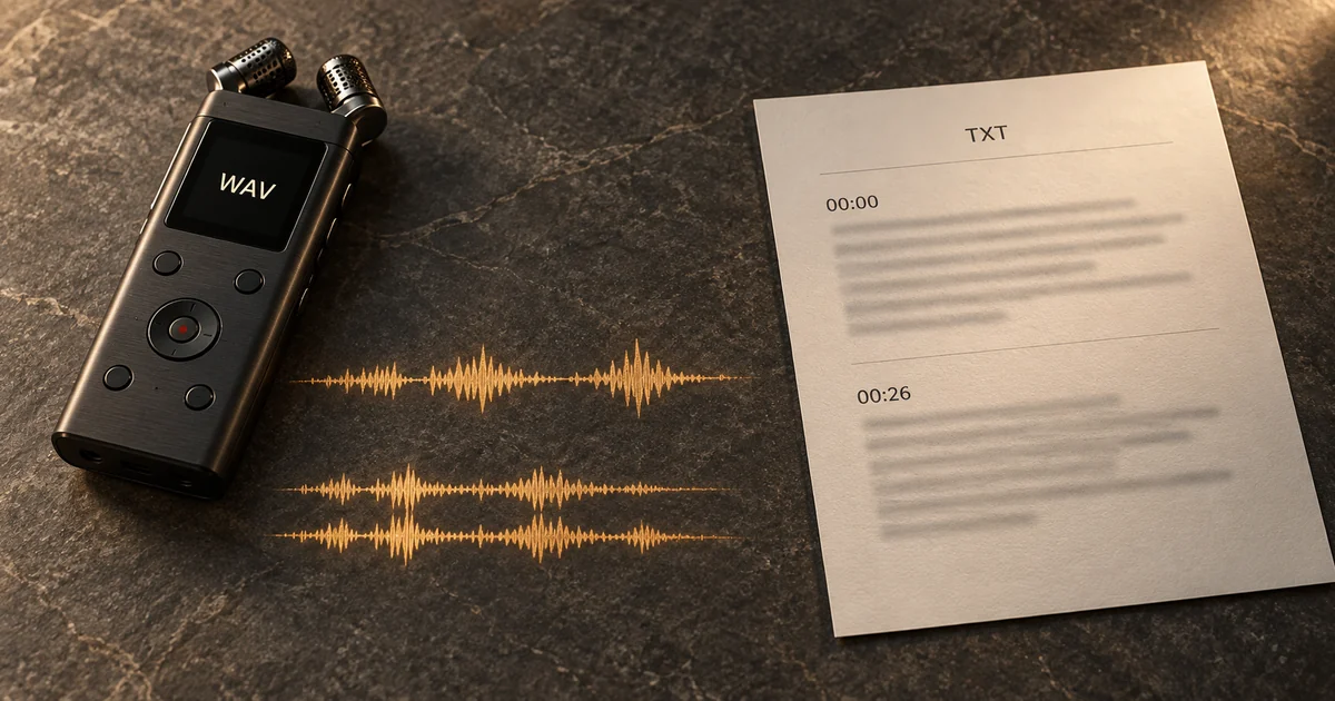 A 30-second PCM WAV field recording becoming an edited, timestamped text transcript ready to download as TXT