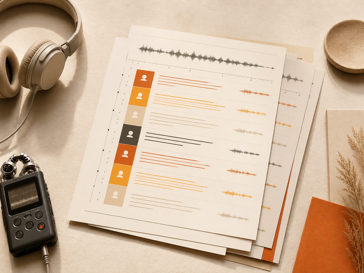Illustrated interview transcript with speaker turns and an audio waveform
