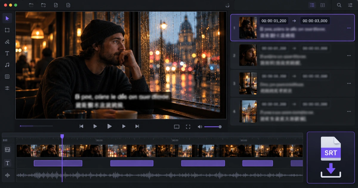 SRT subtitle cue list beside a video timeline with a downloadable SRT file
