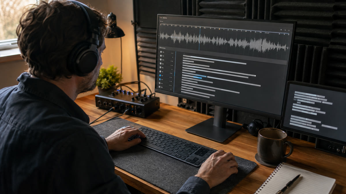 A transcript editor checks finalized speaker turns against the original recording before export