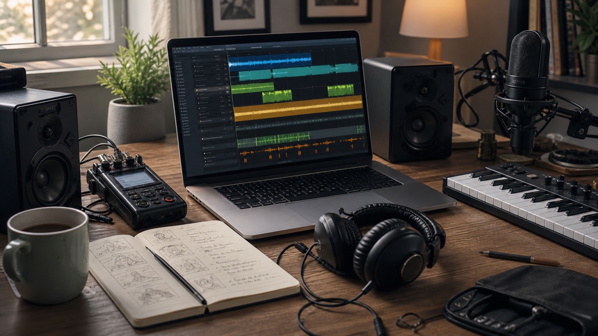 A realistic creator workflow showing dialogue recording, music arrangement, and foley editing coordinated in one AI audio production workspace